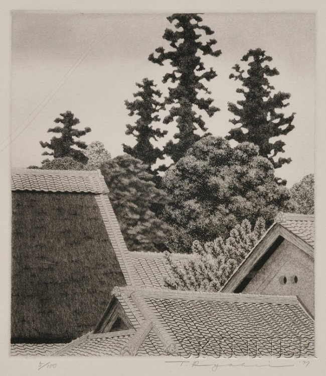 Ryohei Tanaka: etching, depicting roof and trees, s: Ryohei Tanaka: etching, depicting roof and trees, signed in pencil, dated 1977, edition 5/100, (very good impression and condition), framed in plexiglas, 9 1/2 x 8 1/4 in.