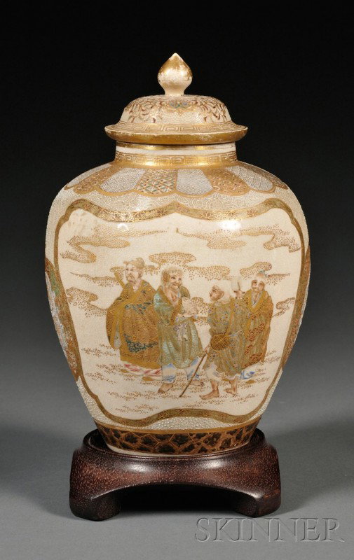 Satsuma Covered Jar, Japan, Meiji period (1868-191: Satsuma Covered Jar, Japan, Meiji period (1868-1912), the ovoid body decorated in gilt and color with panels of Buddhist figures and attendants in a landscape setting, ht. 8 1/4 in.