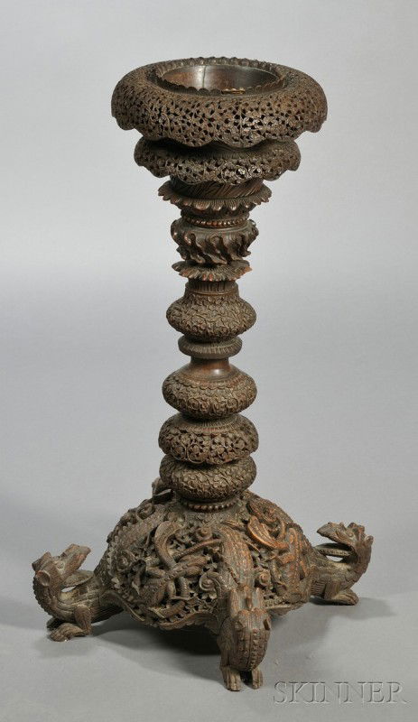 Carved Wood Floor Planter, Anglo-Indian, 19th cent: Carved Wood Floor Planter, Anglo-Indian, 19th century, supported on four crocodile-shaped mythical animals at the foot, with reticulated carving of elaborate floral scrolls to each section, ht. 35 in.