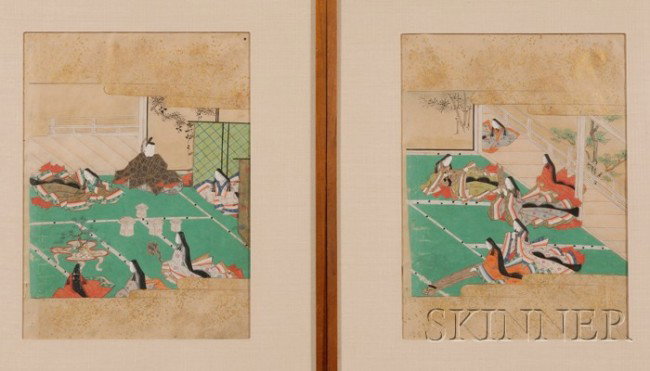 Pair of Tosa School Paintings, Edo Period, mid-18t: Pair of Tosa School Paintings, Edo Period, mid-18th century, two separate scenes from "Life of Ancient Aristocracy," ink, gilt, and colors on paper, (minor loss to the paper and paint, stain to the ma