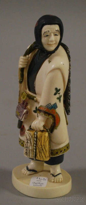 Japanese Carved and Painted Ivory Tusk of a Fishmo: Japanese Carved and Painted Ivory Tusk of a Fishmonger, ht. 8 in.