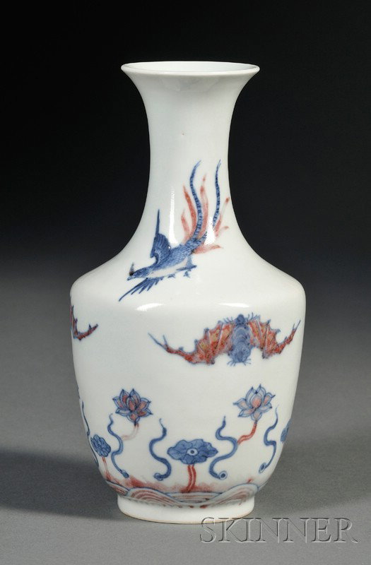 Porcelain Vase, China, 19th century, underglaze bl: Porcelain Vase, China, 19th century, underglaze blue and red decoration of birds, bats, and lotus plants, Kangxi mark on the base, ht. 7 1/4 in.