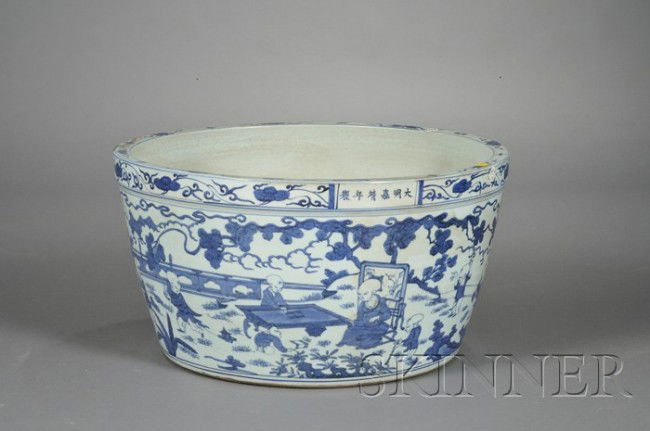 Large Blue and White Jar, China, early 20th centur: Large Blue and White Jar, China, early 20th century, Ming style, painted in underglaze purple-blue with the "100 children" motif, "Da Ming Jiajing Nian Zhi" mark to the mouth rim, ht. 13, dia. 24 1/2