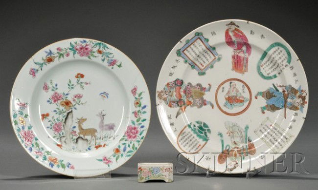 Three Ceramic Wares, Chinese Export, two plates, o: Three Ceramic Wares, Chinese Export, two plates, one decorated with deer resting amidst peony branches (repairs), the other with luminaries in Chinese history, together with a salt container, dia. 8 7
