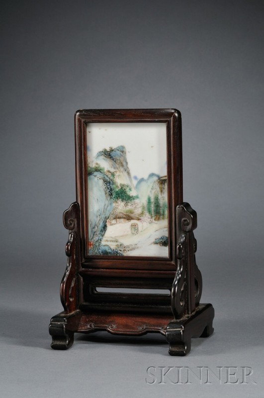 Famille Verte Table Screen, China, the rectangular: Famille Verte Table Screen, China, the rectangular screen painted with an recluse leaving a cottage in a mountainous landscape, carved display wood stand, 4 1/4 x 3, ht. 8 3/8 in.