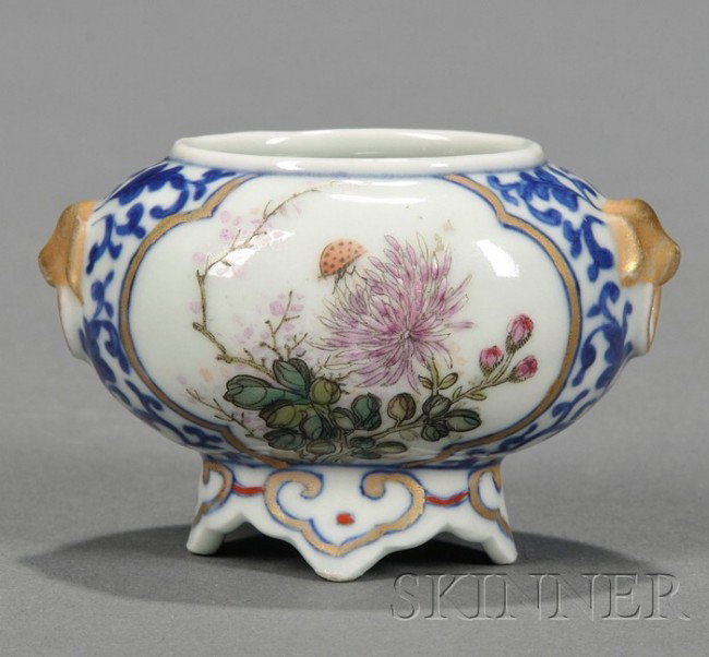 Porcelain Washer, China, Jiaqing mark and of the p: Porcelain Washer, China, Jiaqing mark and of the period (1796-1820), the ovoid washer supported on four ruyi-shaped feet, painted in polychrome enamels with a cartouche enclosing finely painted peony 