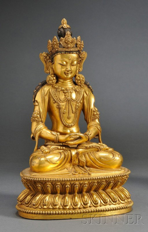 Gilt-bronze Bodhisattva, China, seated figure of M: Gilt-bronze Bodhisattva, China, seated figure of Maitreya in dhyanasana pose atop a double-lotus throne, his hands in dhyana mudra, wearing large rosette earrings and beaded jewels, Yongle incised mar