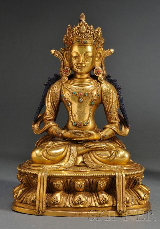 Gilt-bronze Bodhisattva, China, seated figure of M: Gilt-bronze Bodhisattva, China, seated figure of Maitreya in dhyanasana pose atop a double-lotus throne, his hands in dhyana mudra, wearing large rosette earrings and beaded ornaments inset with turqu