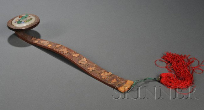 Wood Ruyi Scepter with Jade Plaque, China, 19th ce: Wood Ruyi Scepter with Jade Plaque, China, 19th century, the slightly curved S-shaped handle decorated in bamboo appliqué with ice and plum blossoms motif, the ovoid top with a jade plaque inset with