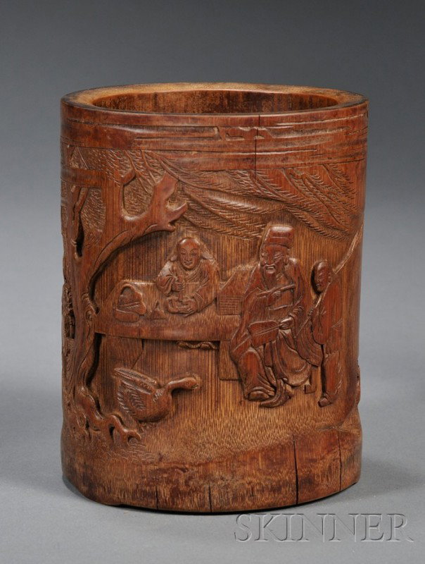 Bamboo Brush Pot China, the cylindrical body carve: Bamboo Brush Pot China, the cylindrical body carved in relief with Wang Xizhi watching geese while his attendants prepare ink on a painting desk, with willow trees, ht. 6 1/4, dia. 4 3/4 in.