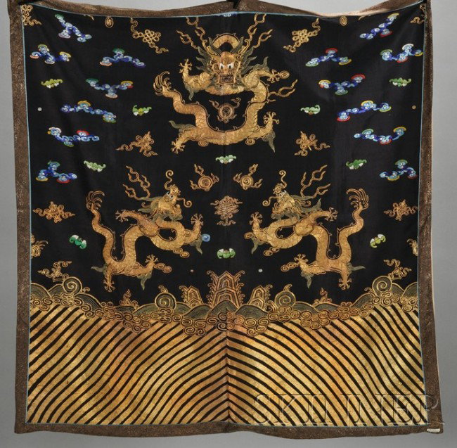 Dragon Embroidery, China, 19th century, the square: Dragon Embroidery, China, 19th century, the square panel finely embroidered in golden thread with a forefronting dragon above two dragons in profile, all amidst clouds and bats and above lishui patter
