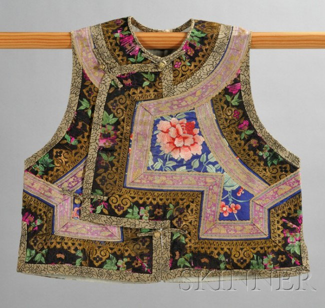 Embroidered Vest, China, 19th century, court lady': Embroidered Vest, China, 19th century, court lady's jacket embellished with floral scrolls.