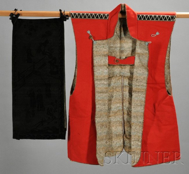 Lot of Four Textiles, China, 19th century, a wool : Lot of Four Textiles, China, 19th century, a wool vest with silk lining, a rectangular embroidered panel, a black panel decorated with two shades of black with figures in pavilions, and a black hangin