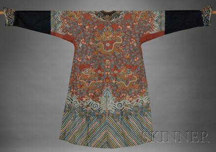 Kesi Dragon Robe, China, 18th century, with dragon: Kesi Dragon Robe, China, 18th century, with dragon, bats, and the eight Buddhist treasures amidst clouds, above lishui and rocky wave patterns to the bottom, on an orange ground.