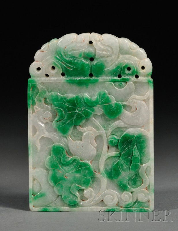 Jade Plaque, China, early 20th century, square pl: Jade Plaque, China, early 20th century, square plaque carved in relief with a foo dog riding on lingzhi sprigs to one side, and a pair mandarin ducks in a lotus pond to the other, arched confronting c