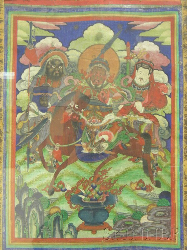 Framed Thangka, Tibet, 18th century, colors on cl: Framed Thangka, Tibet, 18th century, colors on cloth, depiction of King of Hell travelling on horseback in a celestial landscape accompanied by two other deities, framed and glazed, 34 x 19 1/2, 41 x 