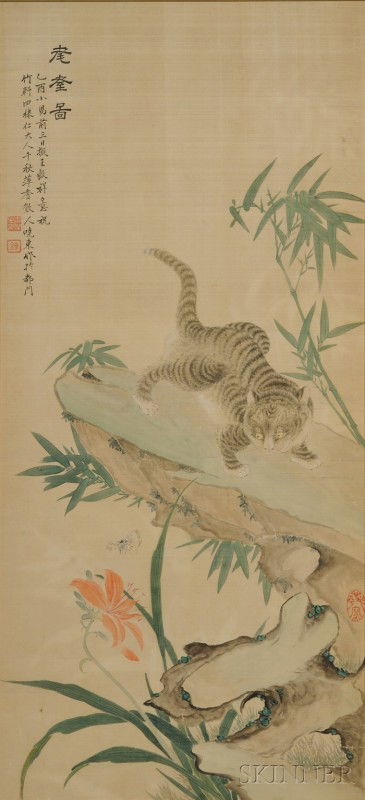 Framed Painting, China, 19th century, in the styl: Framed Painting, China, 19th century, in the style of Ming dynasty painter Wang Gouxiang, ink and colors on silk, finely painted as a tiger watching butterflies flying amidst iris branches, dated yiyo