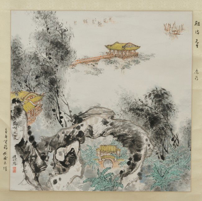 Hanging Scroll, China, Liu Dajiang (b. 1928), ink: Hanging Scroll, China, Liu Dajiang (b. 1928), ink and colors on paper, Lake View on a Midsummer Day, signed "Dajiang," with one seal, dated renshen year, recorded in the margins as given by Liu Jimin