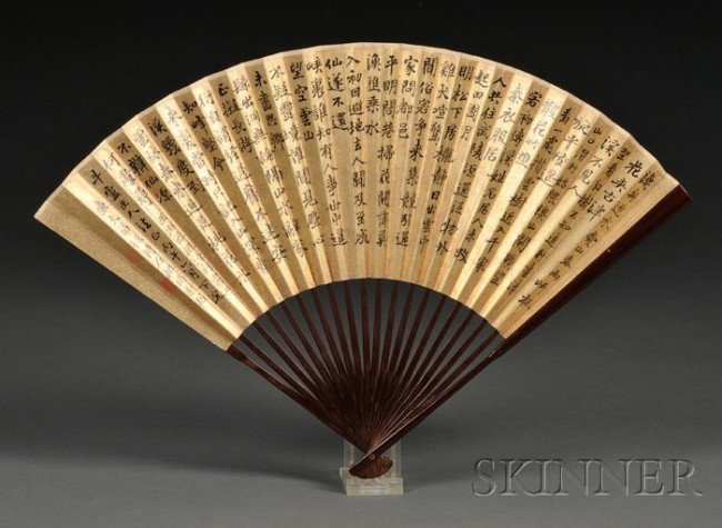 Fan Calligraphy, Lu Hui (Lianfushi) (1851-1920),: Fan Calligraphy, Lu Hui (Lianfushi) (1851-1920), calligraphy on gold paper on fan, inscribed, signed "Lianfu," dated the sixth month of bingwu year (1906), with two seals, the other side with an ink a