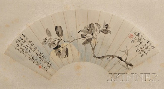 Two Fan Paintings, Lu Hui (Lianfushi) (1851-1920): Two Fan Paintings, Lu Hui (Lianfushi) (1851-1920), ink and light colors on fan, a leafy branch in the moonlight, with lengthy inscription, signed "Lianfu," with two seals; and peony branches, inscribe