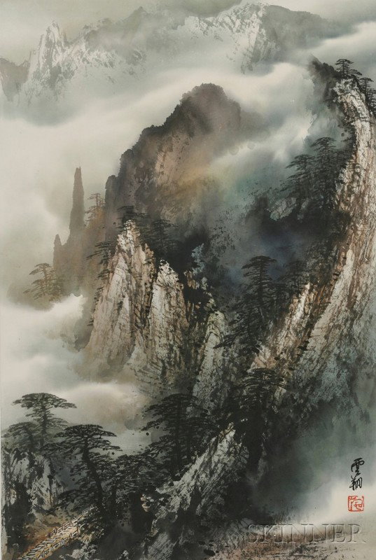 Modern Painting, Shi Yunxiang (b. 1956), ink and : Modern Painting, Shi Yunxiang (b. 1956), ink and colors on paper, depiction of a mountainous landscape with pines and misty clouds, signed, with one seal, 27 1/2 x 18 in.