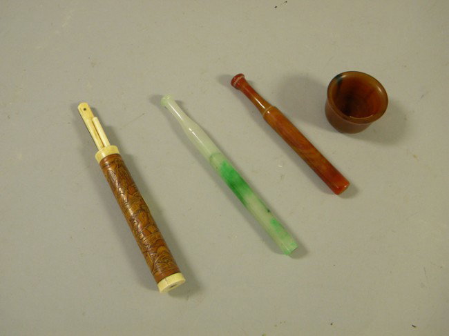 Four Assorted Items, China, a trousse including a: Four Assorted Items, China, a trousse including a cylindrical bamboo case carved with a scene from the "Romance of the West Chamber," encasing a knife with ivory hilt, and a pair of ivory chopsticks; 