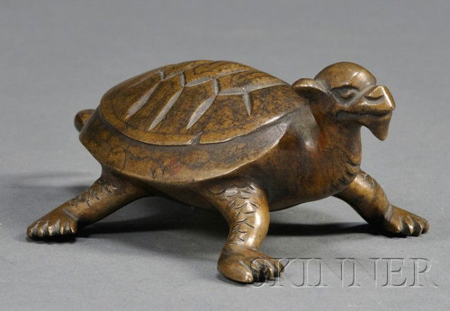 Inlaid Bronze Paperweight, China, 19th century, S: Inlaid Bronze Paperweight, China, 19th century, Shih-so style, cast into a mythical animal with tortoise shell and legs and head of a dragon, lg. 4 1/8 in.