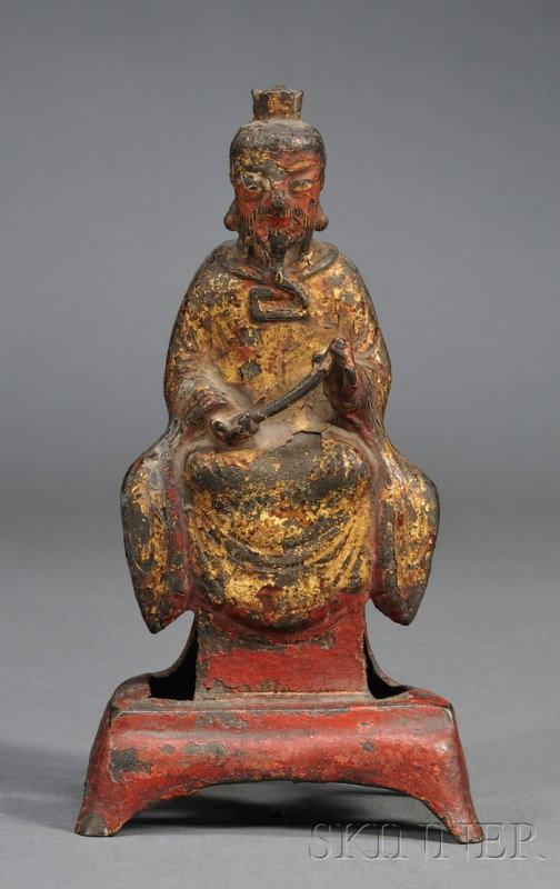 Gilt-bronze Figure, China, Ming dynasty (1368-164: Gilt-bronze Figure, China, Ming dynasty (1368-1644), cast as a seated figure of an Immortal holding a ruyi scepter in front of his chest, ht. 6 1/4 in.