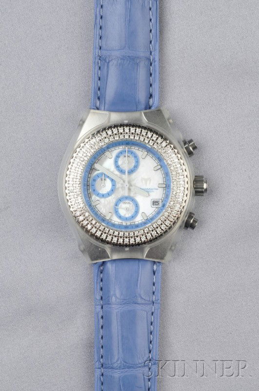 Stainless Steel and Diamond Wristwatch, Technomarine: Stainless Steel and Diamond Wristwatch, Technomarine, the mother-of-pearl dial with abstract numeral indicators and three subsidiary dials, enclosing a quartz movement, no. 28450, the bezel set with f