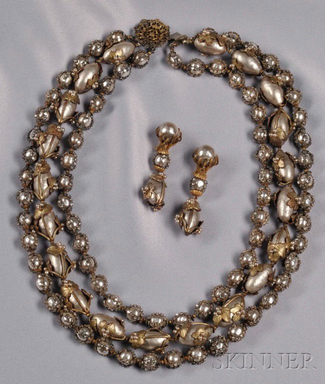 Rare Prototype Three-strand Necklace and Earpendant: Rare Prototype Three-strand Necklace and Earpendants, Miriam Haskell, c. 1960, designed and executed by Robert F. Clark, designed as two rows of imitation baroque pearls within roses montees cage, the