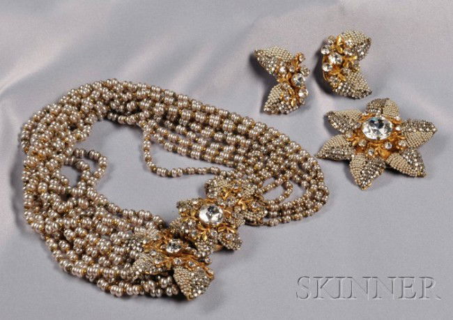 Vintage Gilded Metal, Imitation Seed Pearl, and Ros: Vintage Gilded Metal, Imitation Seed Pearl, and Roses Montees Parure, Miriam Haskell, c. 1965, designed by Robert F. Clark, comprising a brooch, earclips, and necklace, each set with circular-cut stra