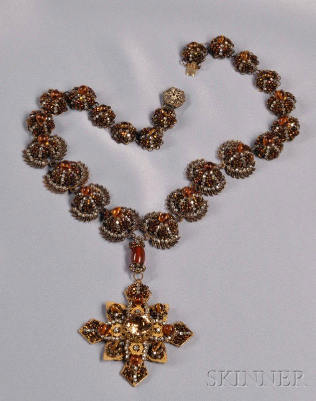 Rare Prototype Necklace with Pendant, Miriam Haskel: Rare Prototype Necklace with Pendant, Miriam Haskell, c. 1960, designed and executed by Robert F. Clark, the necklace of gilded metal domed links each set with small bronze Venetian beads alternating