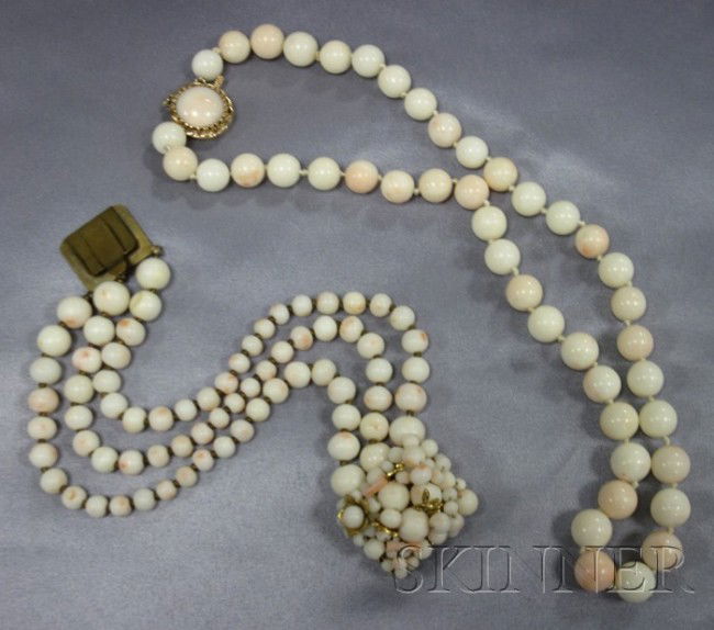 Vintage Angelskin Coral Bracelet, Possibly Miriam H: Vintage Angelskin Coral Bracelet, Possibly Miriam Haskell, designed as three strands of angelskin coral beads graduating in size, gilded metal findings, unsigned, together with a strand of angelskin c