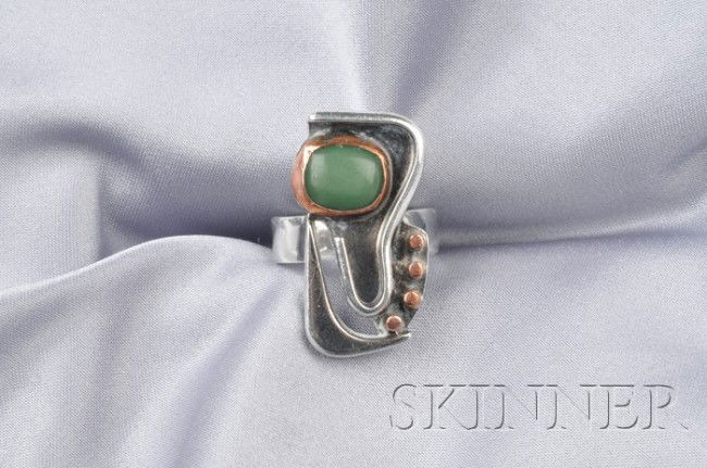 Artist-designed Mixed-metal Ring, Ed Wiener, c. 19: Artist-designed Mixed-metal Ring, Ed Wiener, c. 1950, of abstract form, in sterling silver and copper set with a green cabochon, size 6 1/4, signed.