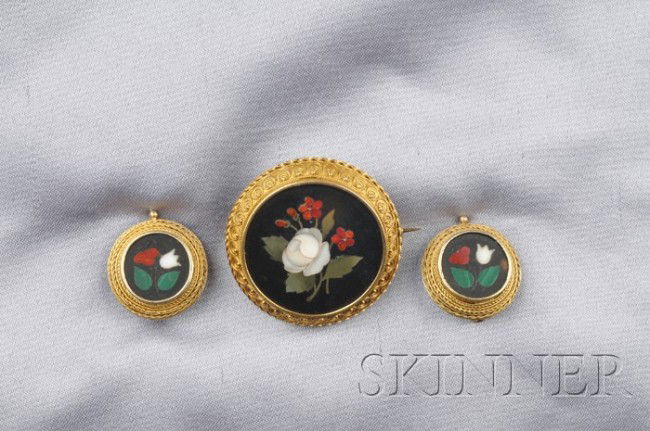 Antique Gold and Pietra Dura Brooch and Earpendant: Antique Gold and Pietra Dura Brooch and Earpendants, comprising a circular brooch with spray of flowers, frame with applied wire and bead accents, reverse engraved A 1/2, partial Roman hallmark, toget