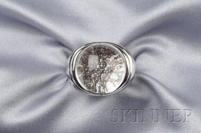 18kt Gold, Crystal, and Diamond Ring, Mauboussin,: 18kt Gold, Crystal, and Diamond Ring, Mauboussin, Paris, designed as pave-set diamond melee beneath a crystal dome, no. C6708, size 4 3/4, signed.