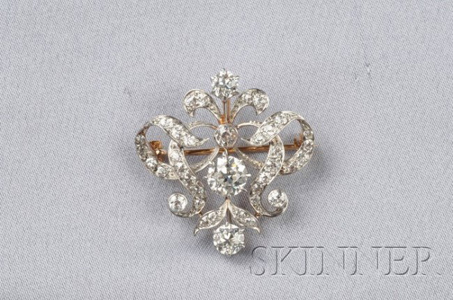 Edwardian Diamond Pendant/Brooch, set throughout w: Edwardian Diamond Pendant/Brooch, set throughout with old European and old single-cut diamonds, approx. total wt. 2.06 cts., platinum-topped 18kt gold mount, lg. 1 1/4 in.
