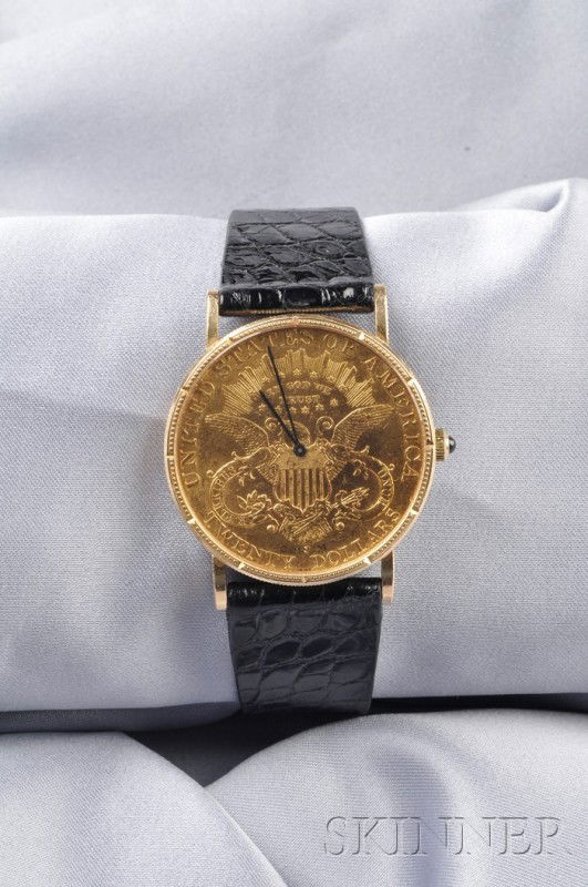 18kt Gold and $20 Gold Coin Wristwatch, Corum, the: 18kt Gold and $20 Gold Coin Wristwatch, Corum, the gold coin dial enclosing a manual wind movement, completed by black Corum strap.