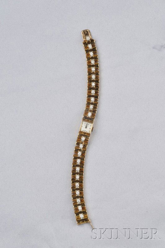 18kt Gold, Platinum, and Diamond Wristwatch, Van C: 18kt Gold, Platinum, and Diamond Wristwatch, Van Cleef & Arpels, France, the white dial with Arabic and dot numeral indicators, enclosing a manual-wind 17-jewel movement, completed by curved links wit