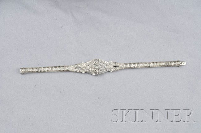 Art Deco Platinum and Diamond Bracelet, set throug: Art Deco Platinum and Diamond Bracelet, set throughout with transitional-, and old mine-cut diamonds approx. total wt. 3.35 cts., further set with French-cut blue stones, millegrain and engraved accen