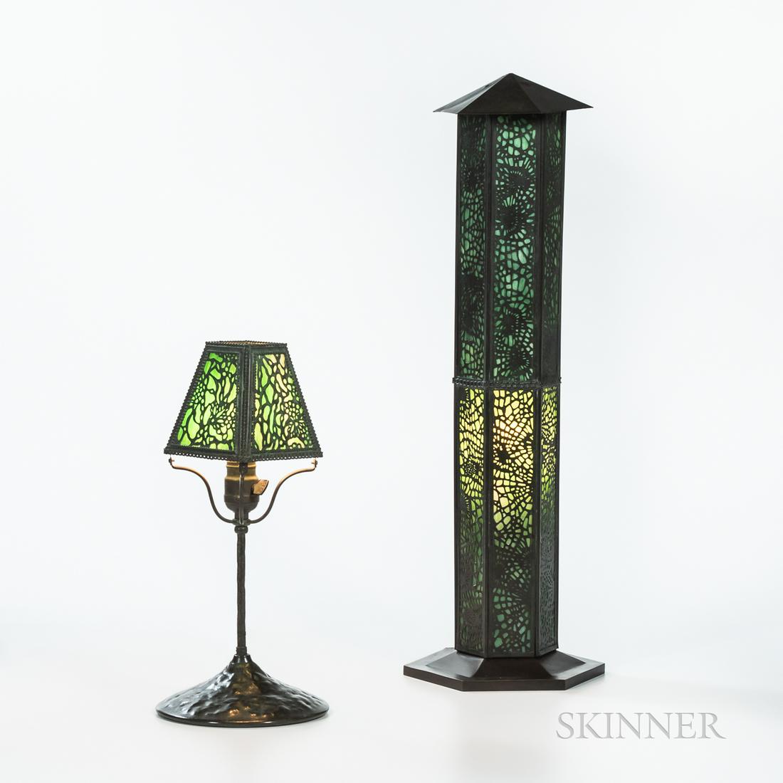 Tower Lamp and Desk Lamp attributed to Riviere Studios,: Tower Lamp and Desk Lamp attributed to Riviere Studios, New York, early 20th century, both with bronze overlay, green slag glass and one socket, the hexagonal tower lamp in Pine Needle pattern and the
