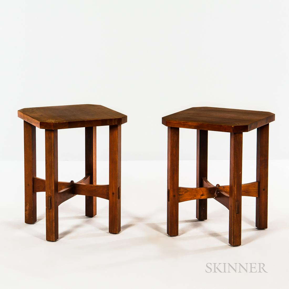 Pair of Stickley by E.J. Audi Side Tables, Manlius, New: Pair of Stickley by E.J. Audi Side Tables, Manlius, New York, late 20th/early 21st century, square tops with cut corners, squared legs joined by through-tenon cross stretchers, maker's brand and metal