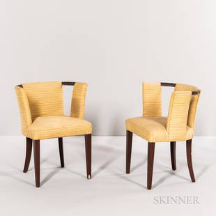 Pair of Eliel Saarinen for Johnson Furniture Occasional: Pair of Eliel Saarinen for Johnson Furniture Occasional Chairs, United States, c. 1940, stained mahogany and cloth upholstery, unmarked, ht. 29 1/2, wd. 23 1/2, dp. 18 in.