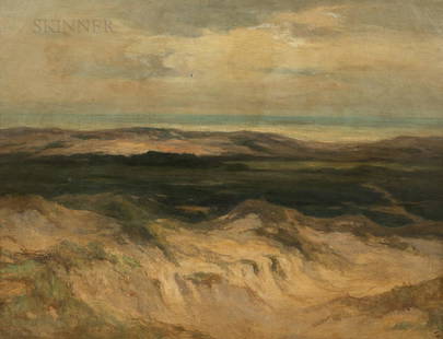 William Henry Howe (American, 1846-1929), View over: William Henry Howe (American, 1846-1929) View over Dunes to the Sea Faint, overpainted signature or inscription l.l., with a fragmentary label from The Carnegie Institute, Pittsburgh, affixed to the