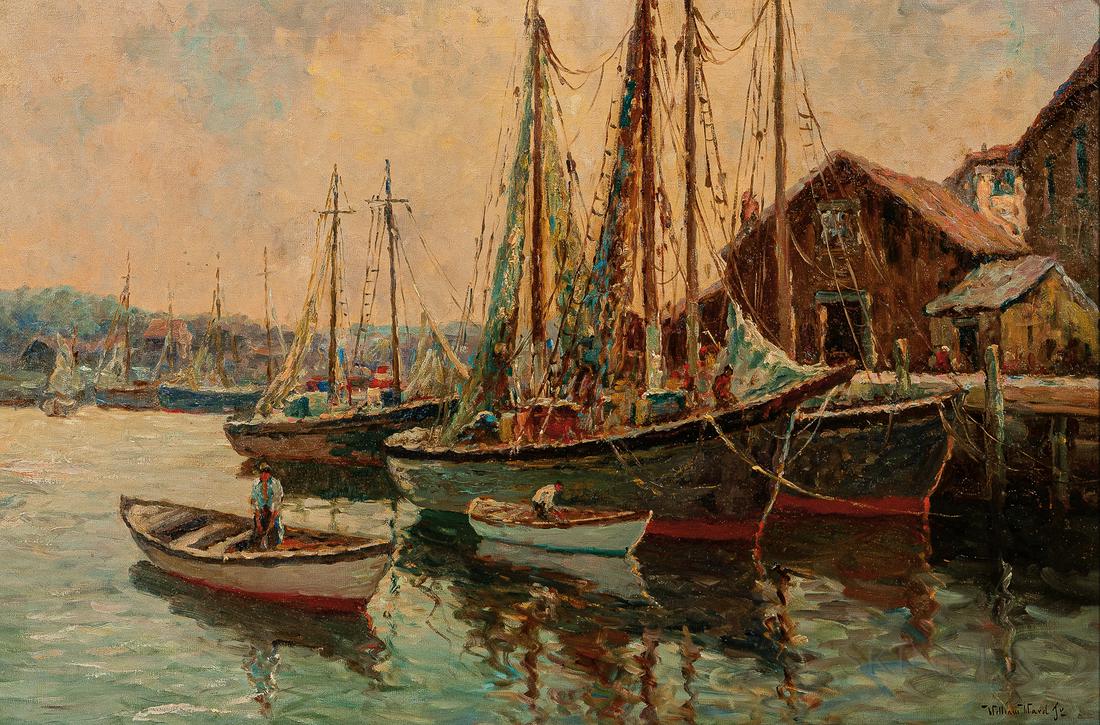 C. Hjalmar "Cappy" Amundsen (American, 1911-2001),: C. Hjalmar "Cappy" Amundsen (American, 1911-2001) Harbor View Signed "William Ward Jr." l.r. Oil on canvas, 24 x 36 in. (61.0 x 91.4 cm), framed. Condition: Scattered retouch, mild surface grime, stre