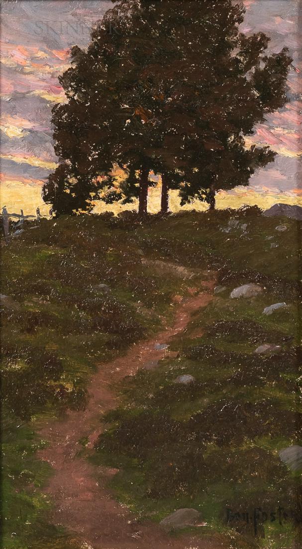 Ben Foster (American, 1852-1926), The Path up Sunset: Ben Foster (American, 1852-1926) The Path up Sunset Hill Signed "Ben.Foster" l.r. Oil on canvas, 14 x 8 in. (35.5 x 20.3 cm), framed. Condition: Lined, minor surface grime.