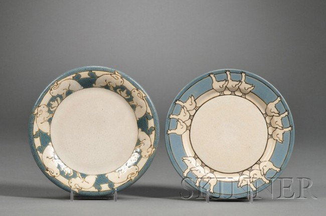 Two Saturday Evening Girls Pottery Children's Plate: Two Saturday Evening Girls Pottery Children's Plates Decorated pottery Decorated by Ida Goldstein and possibly Celia Goodman, Boston, 1913 and 1911 Round plates, matte glazed, one decorated with incis