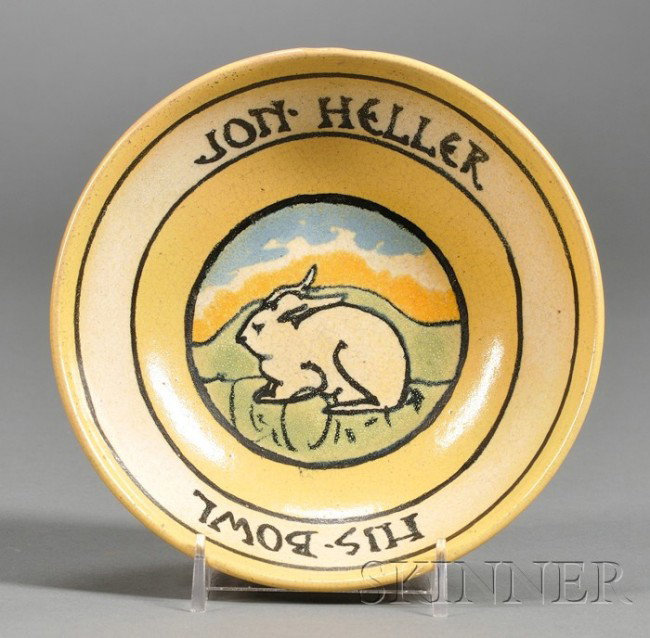 Paul Revere Pottery Decorated Bowl Decorated earth: Paul Revere Pottery Decorated Bowl Decorated earthenware Boston, Massachusetts, April 1937 "Jon Heller His Bowl" on outer interior band, interior decorated with a rabbit in green, cream, rust, and blu