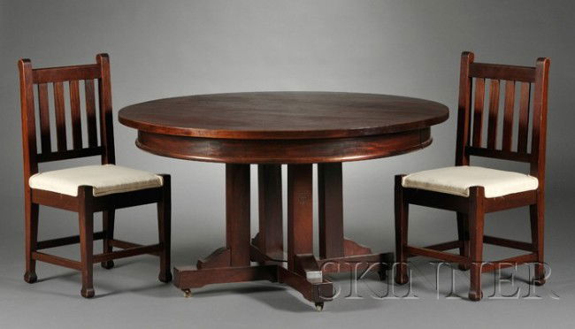 Roycroft Arts & Crafts Dining Table and Six Chairs: Roycroft Arts & Crafts Dining Table and Six Chairs Mahogany New York Circular top with five additional leaves, raised on four posts with shaped support on cross brace, ht. 30 1/8, dia. 54, each leaf 1