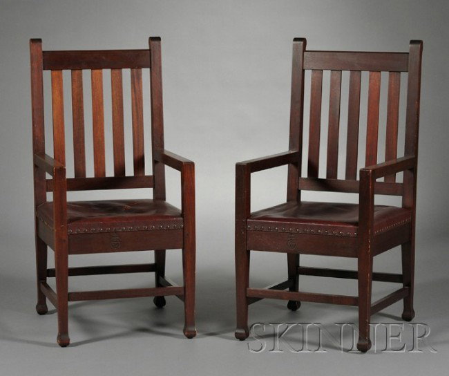 Pair of Roycroft Arts & Crafts Armchairs Mahogany a